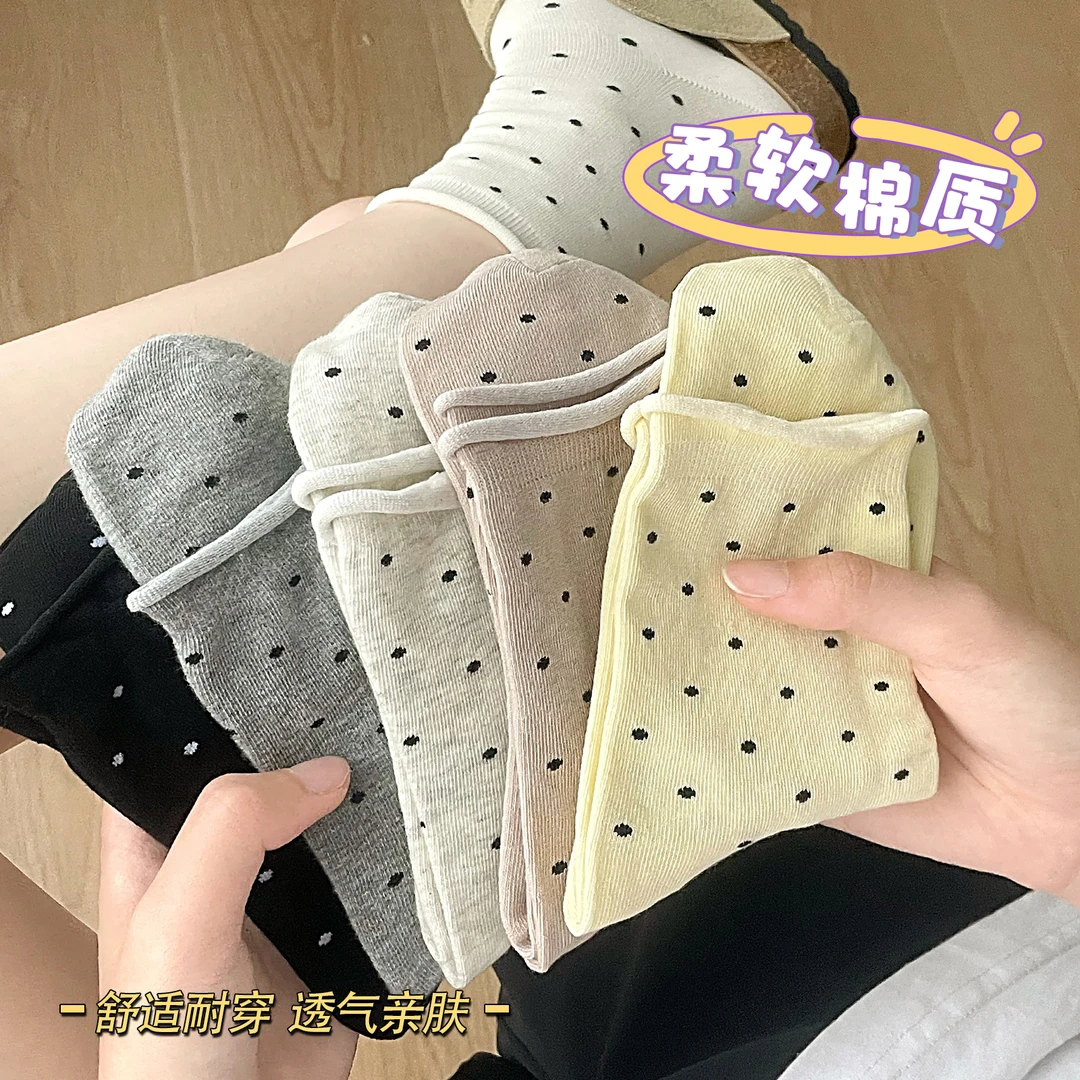 波点袜子女款夏季薄款纯棉中筒袜抗起球ins潮韩系卷边无骨堆堆袜