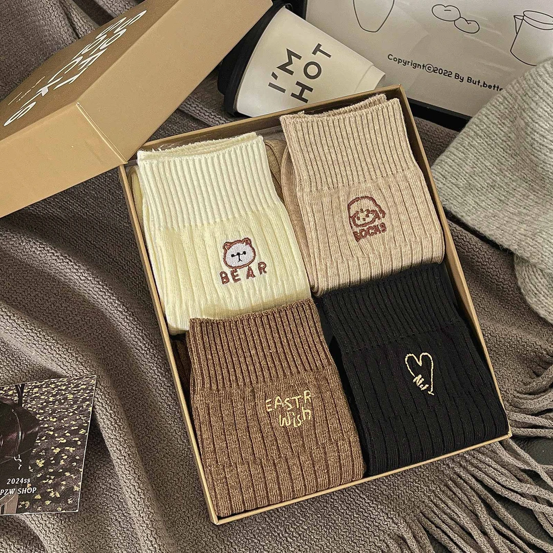 礼盒袜子女秋冬中筒袜纯棉抗菌防臭美拉德堆堆袜无骨防滑咖色冬天