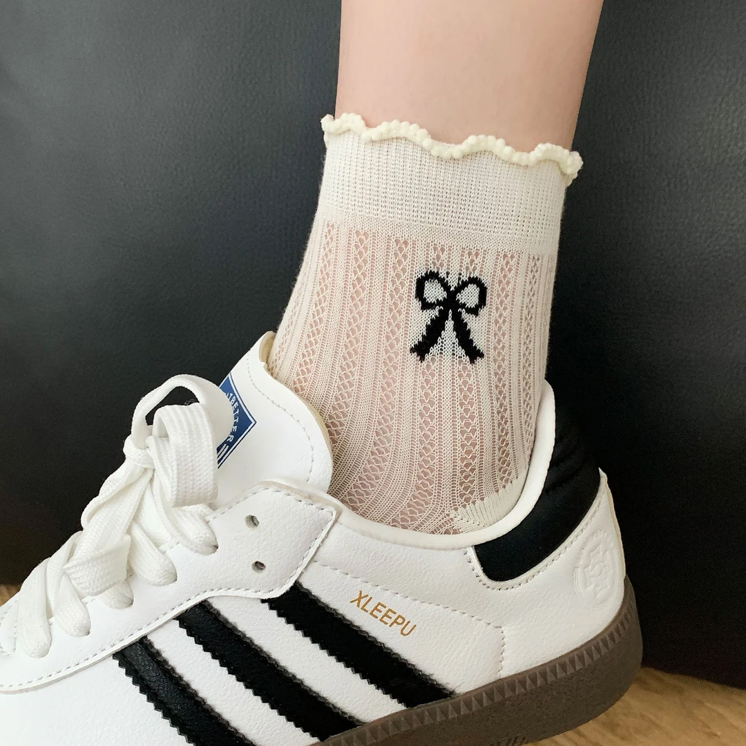 蝴蝶结短袜棉袜子女秋冬薄款网眼透气搭配小皮鞋德训鞋花边无骨袜