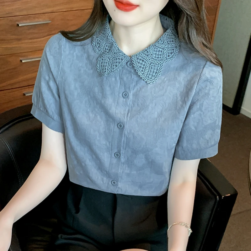 夏装2025年新款提花刺绣纯棉衬衣女短袖全棉女士衬衫洋气薄款上衣