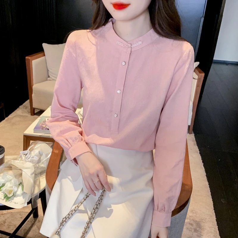 春季2025年新款女装百搭时尚减龄提花纯棉衬衫女洋气全棉立领上衣