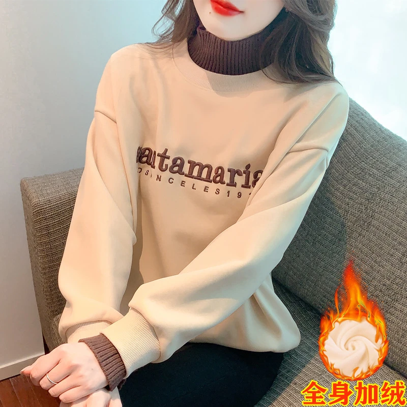 2025秋冬新款时尚减龄加绒加厚高领假两件套头卫衣女宽松保暖上衣