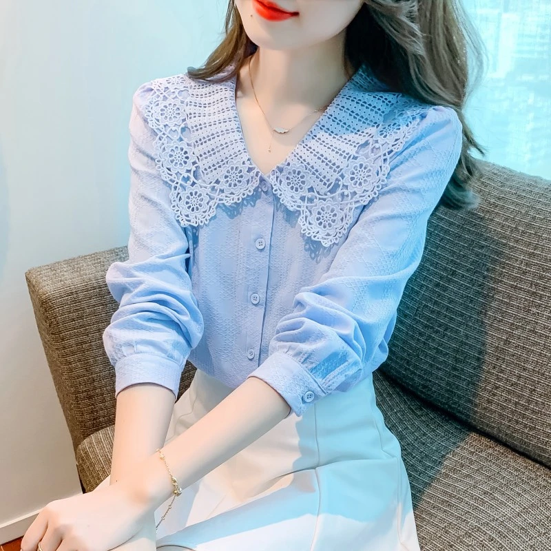 春秋季2025年新款女装时尚减龄纯棉衬衫女洋气全棉娃娃领蕾丝上衣