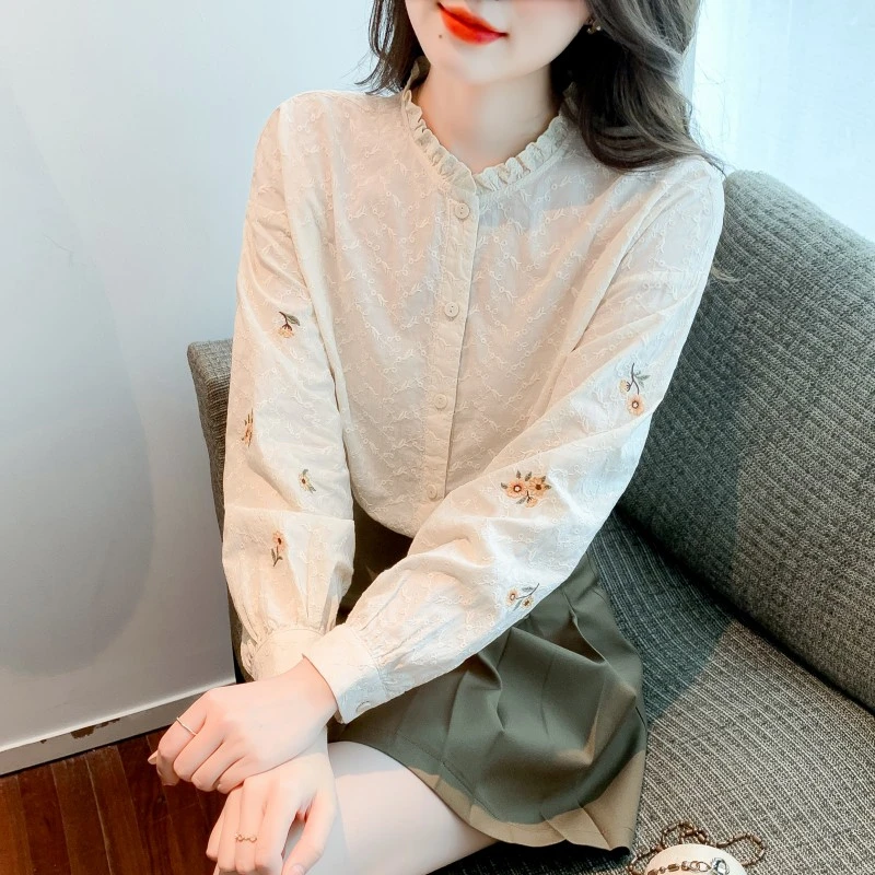 2025春秋季新款女装纯棉衬衫女洋气全棉时尚刺绣女士衬衣立领长袖