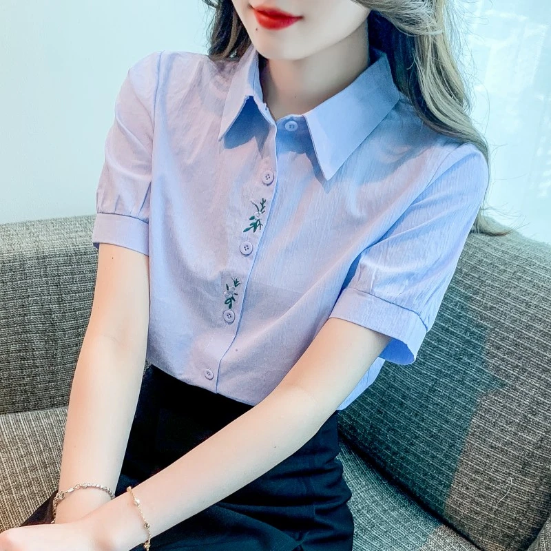 夏季2025年新款女装时尚薄款刺绣纯棉衬衫女洋气全棉减龄上衣短袖