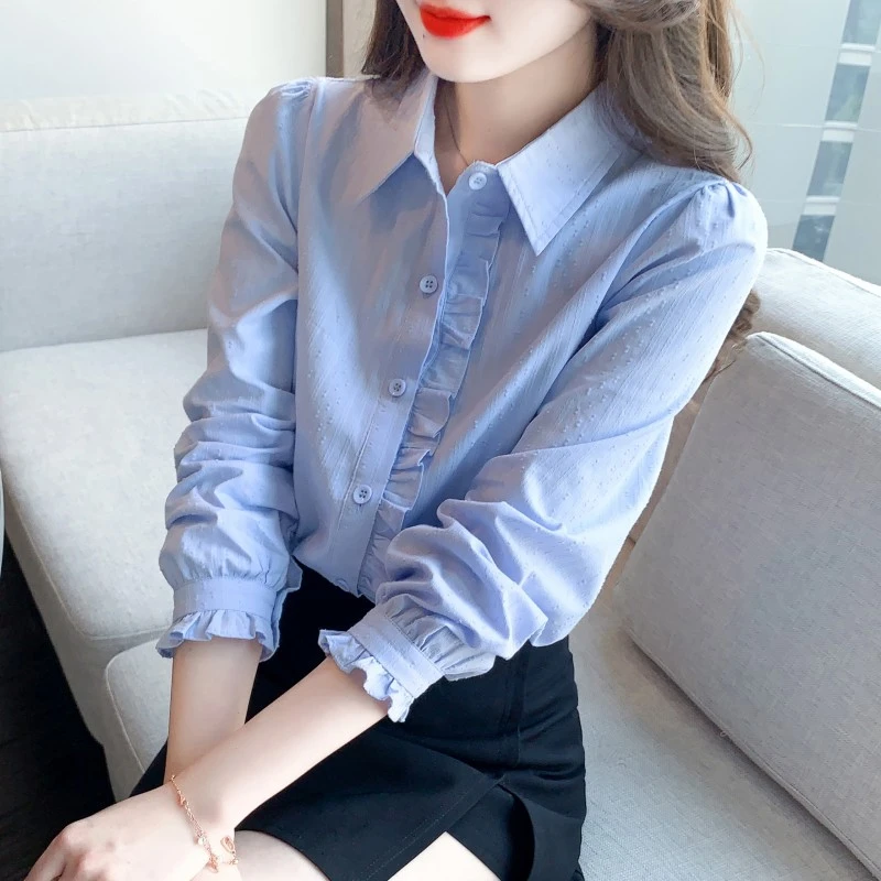 2025年春秋季新款女装时尚百搭纯棉衬衫女洋气全棉polo领长袖上衣