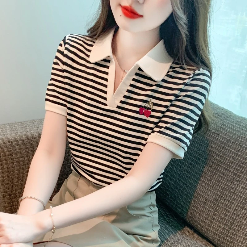 刺绣条纹t恤女短袖2025夏季新款法式时髦减龄休闲POLO领上衣洋气