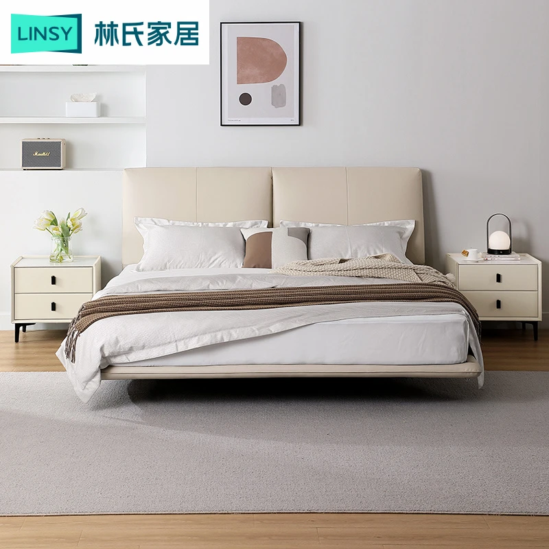 【林氏家居】轻奢奶油风生态云皮布艺悬浮床带灯双人床家具TBC048