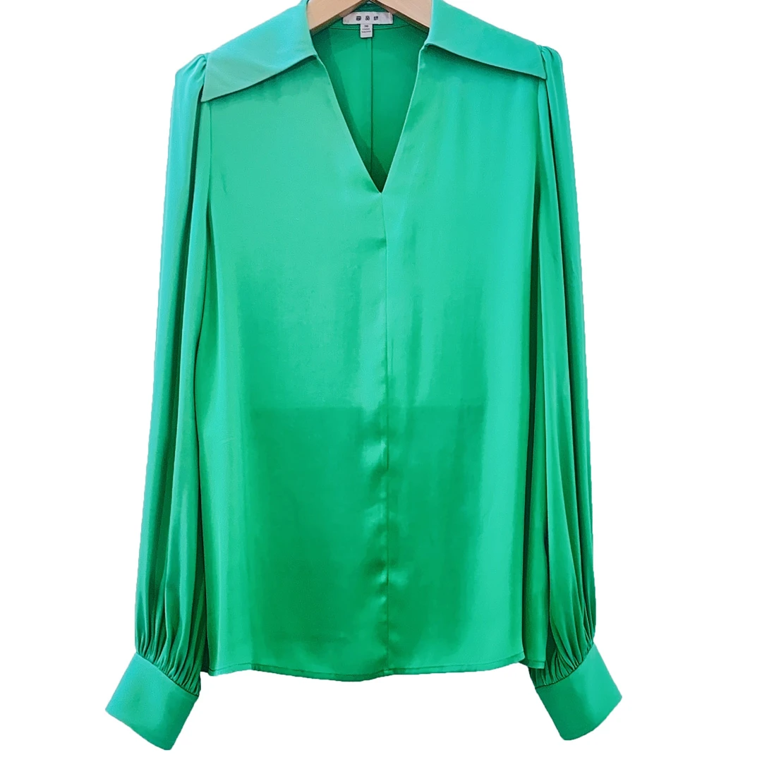 琴老板爱品纱气质长袖时尚百搭绿色女士女装V领上衣   E3SB019S46