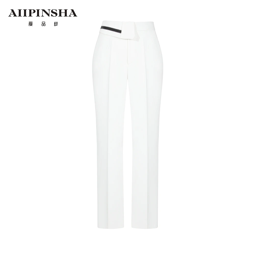 琴老板爱品纱休闲裤白色高腰直筒时尚女士简约修身E5SP165PQE