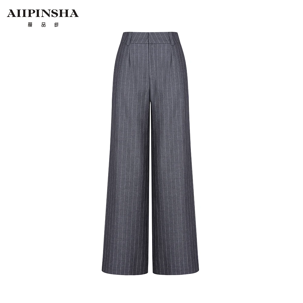 琴老板爱品纱【城市线条】灰色时尚百搭阔腿宽松条纹裤子E5SP193PZ1