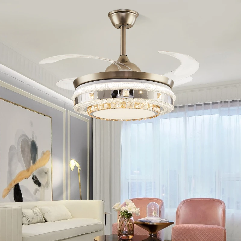隐形风扇灯客厅餐厅吊扇灯大风力家用智能变频静音风扇水晶吊灯