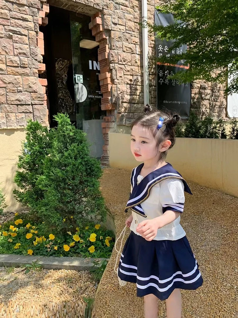 T2437-女童学院短袖套装