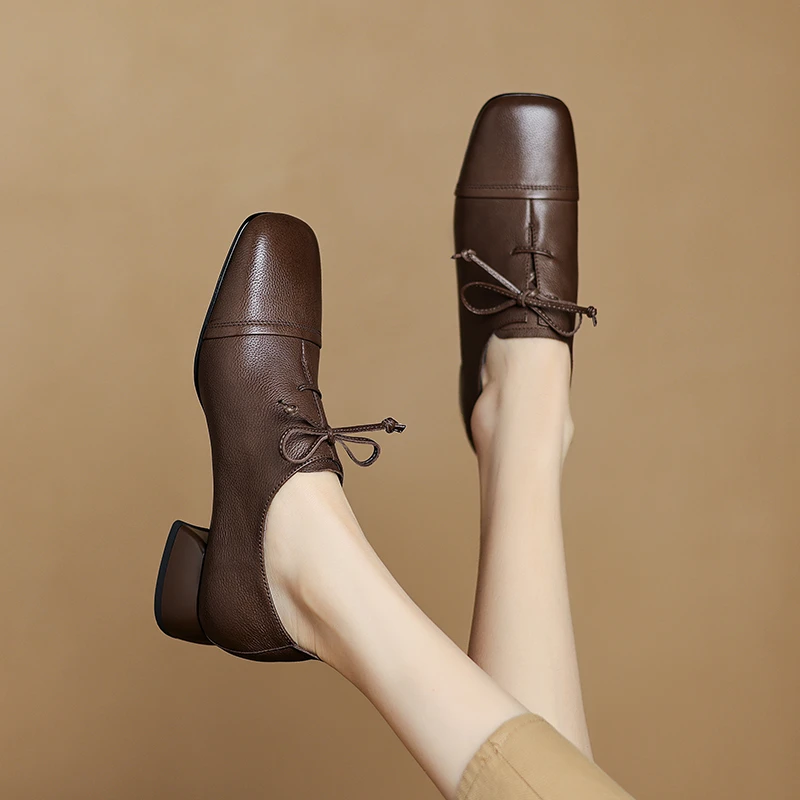 3cm 春季方头粗跟新款深口女单鞋子法式复古平底小皮鞋百搭乐福鞋