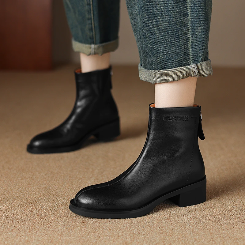 3.5cm  粗跟中跟女短筒靴子法式复古圆头瘦瘦靴休闲百搭新款短靴