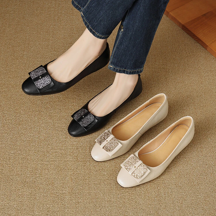 3CM粗跟浅口单鞋女夏季真皮方头配裙子金属扣小皮鞋低跟玛丽珍鞋