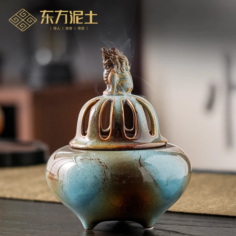 东方泥土仿古陶瓷狻猊香炉家用茶室摆件檀香盘香炉禅意熏香薰炉