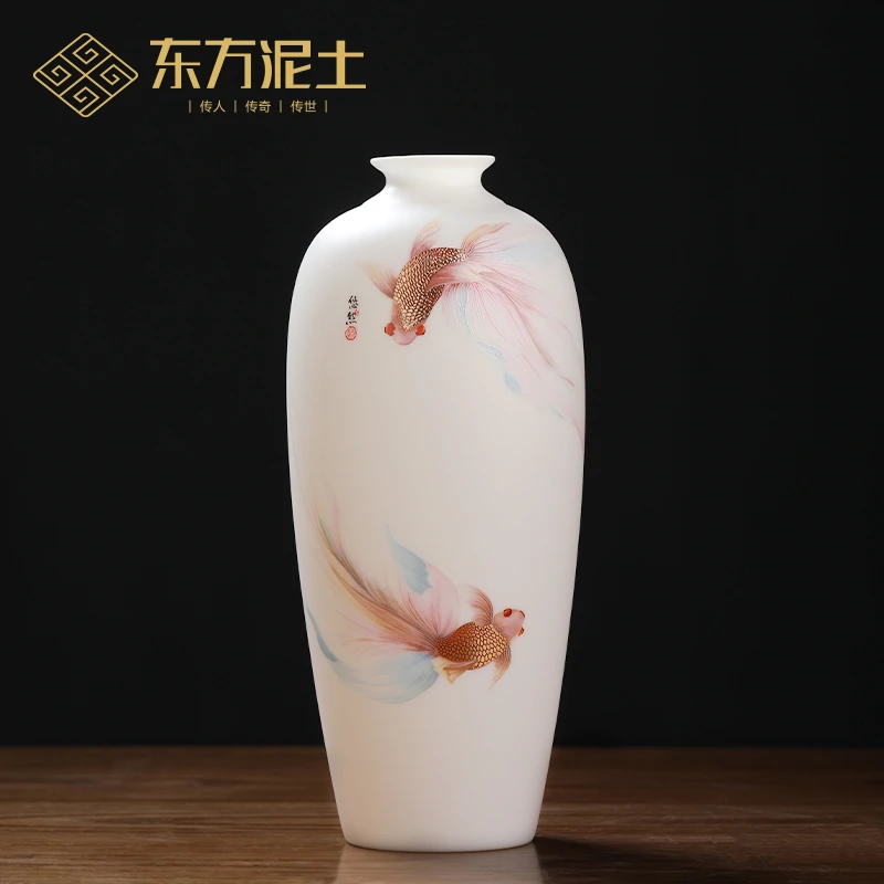 东方泥土新中式冰凝玉堆金陶瓷悠然自得花瓶客厅酒柜书房装饰摆件