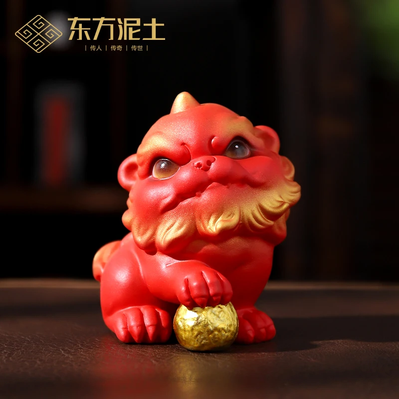 东方泥土福禄喜狮陶瓷国潮摆件创意礼物客厅玄关办公室桌面装饰品