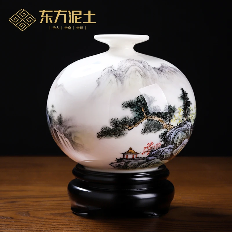 东方泥土山水国风手绘陶瓷花瓶客厅书房高档会所酒店装饰摆件