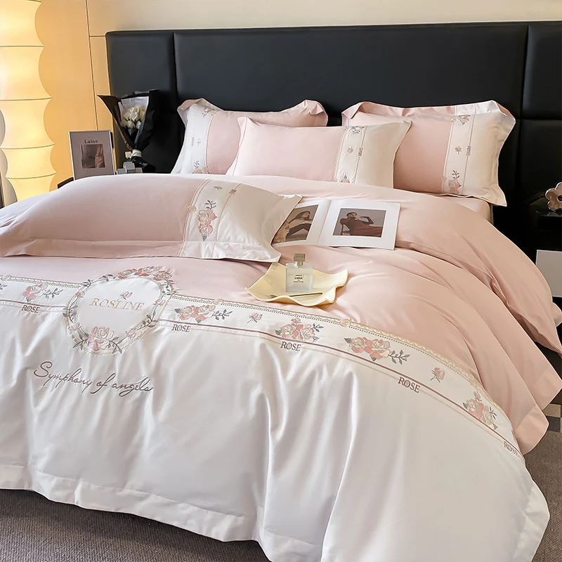 高端纯棉被套四件套全棉床单长绒棉100被罩刺绣简约轻奢床上用品4