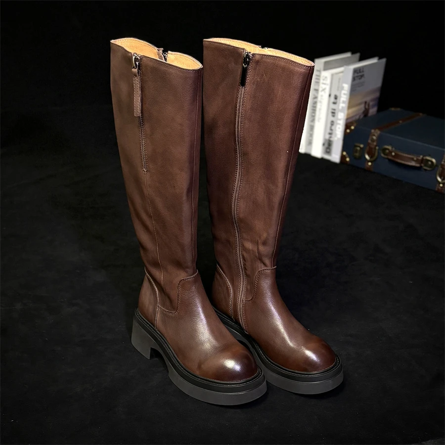 头层牛皮厚底骑士靴长筒靴2024秋冬款简约百搭侧拉链真皮复古女靴