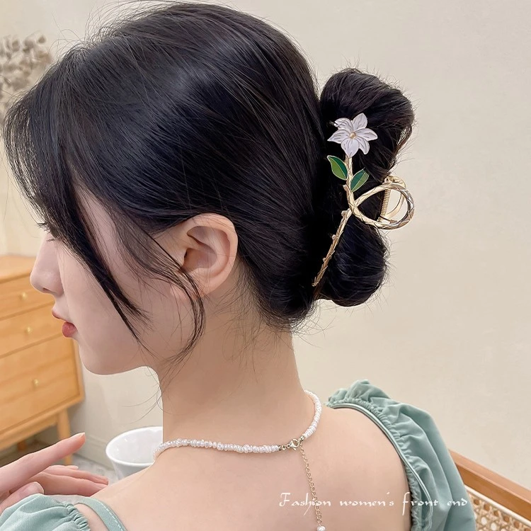 合金发饰 森系仙美发夹栀子花鲨鱼夹后脑勺金属夹子头饰抓夹女