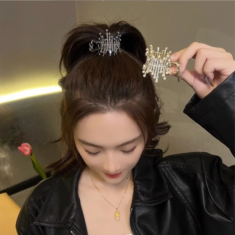 网红酷辣少女不规则高马尾抓夹高级感满钻仿珍珠发夹头饰气质发卡