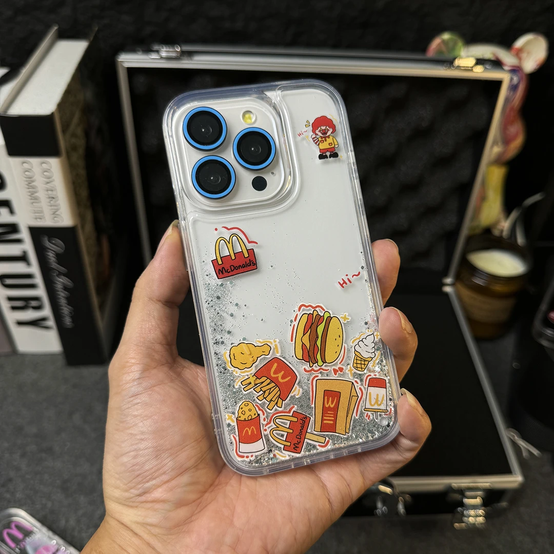 苹果16创意M记汉堡薯条滑块液体流沙手机壳iphone15pro/14promax