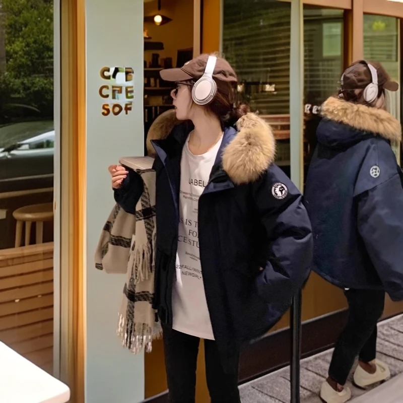 2024宽松工装羽绒棉服大毛领女短款连帽冬季毛领加厚外套时尚保暖