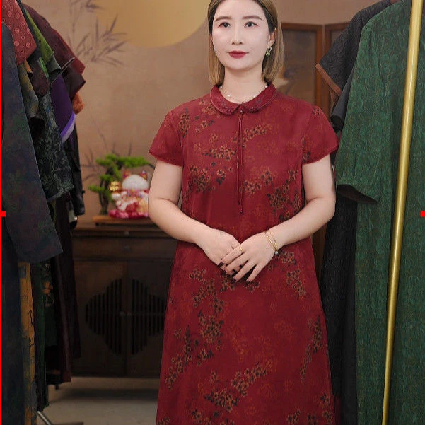 田新家100桑蚕丝新品老料娃娃领缎面刺绣流苏连衣裙(A23375)