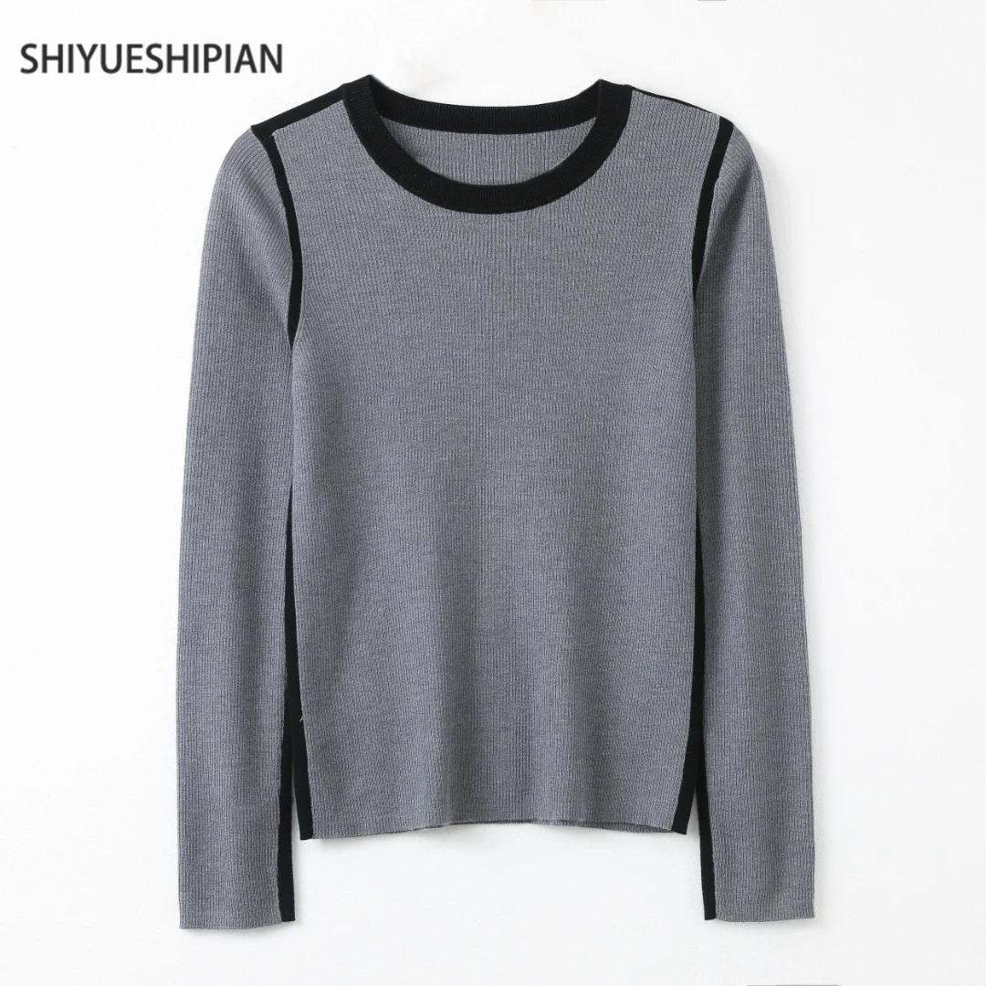 十月诗篇秋冬时尚精纺绵羊毛早秋撞色显瘦薄款圆领针织衫女2667