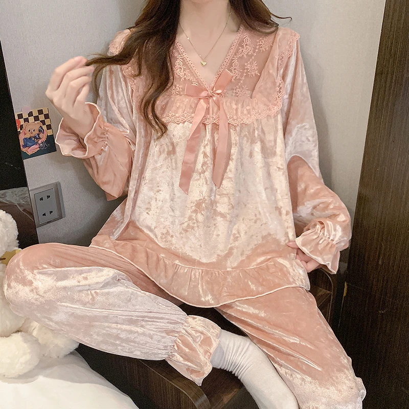 【粉丝福利】金丝绒睡衣女春秋长袖套装蕾丝甜美可外穿家居服