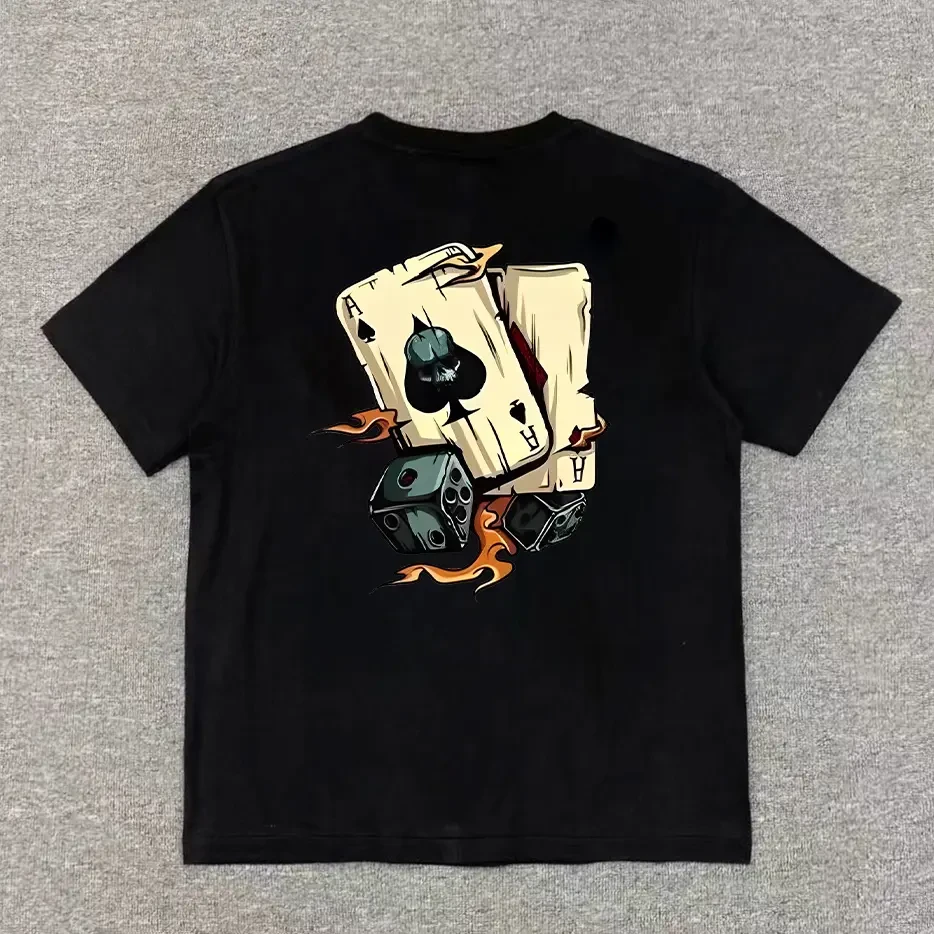 巴黎轻奢230g美式重磅纯棉T恤男士扑克印花短袖夏季圆领半袖宽松