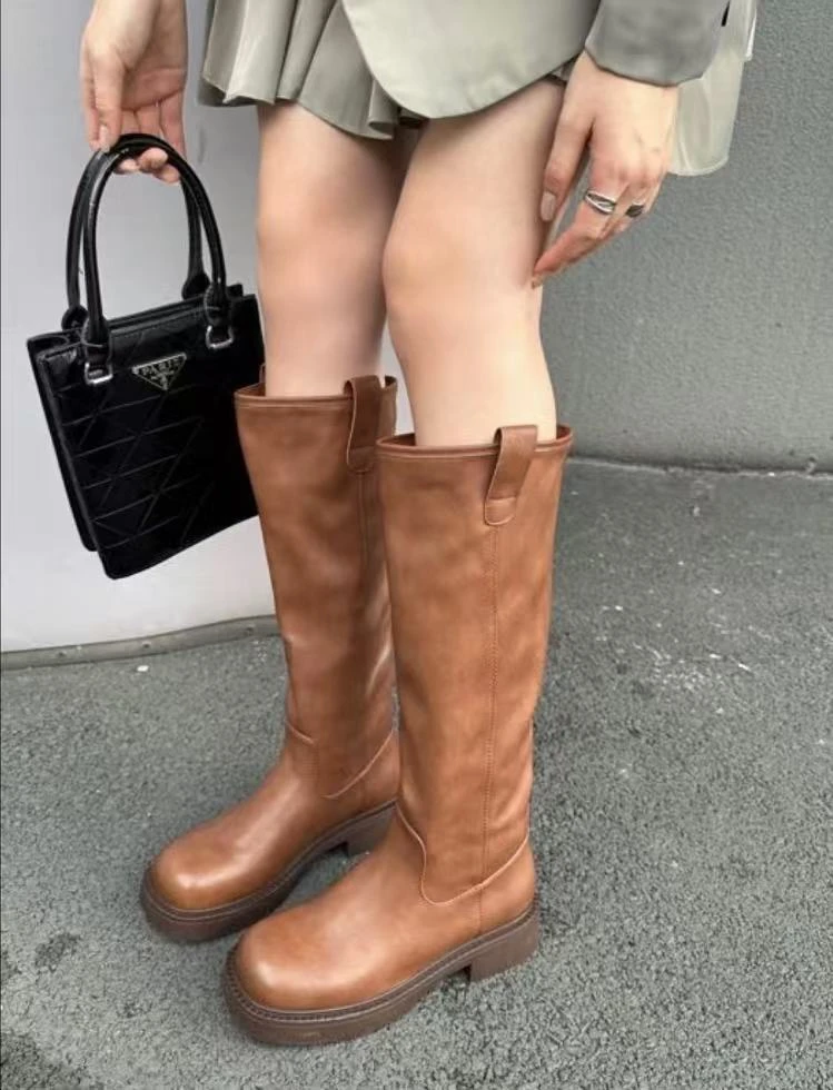 美拉德小个子不过膝长靴棕色显瘦女靴