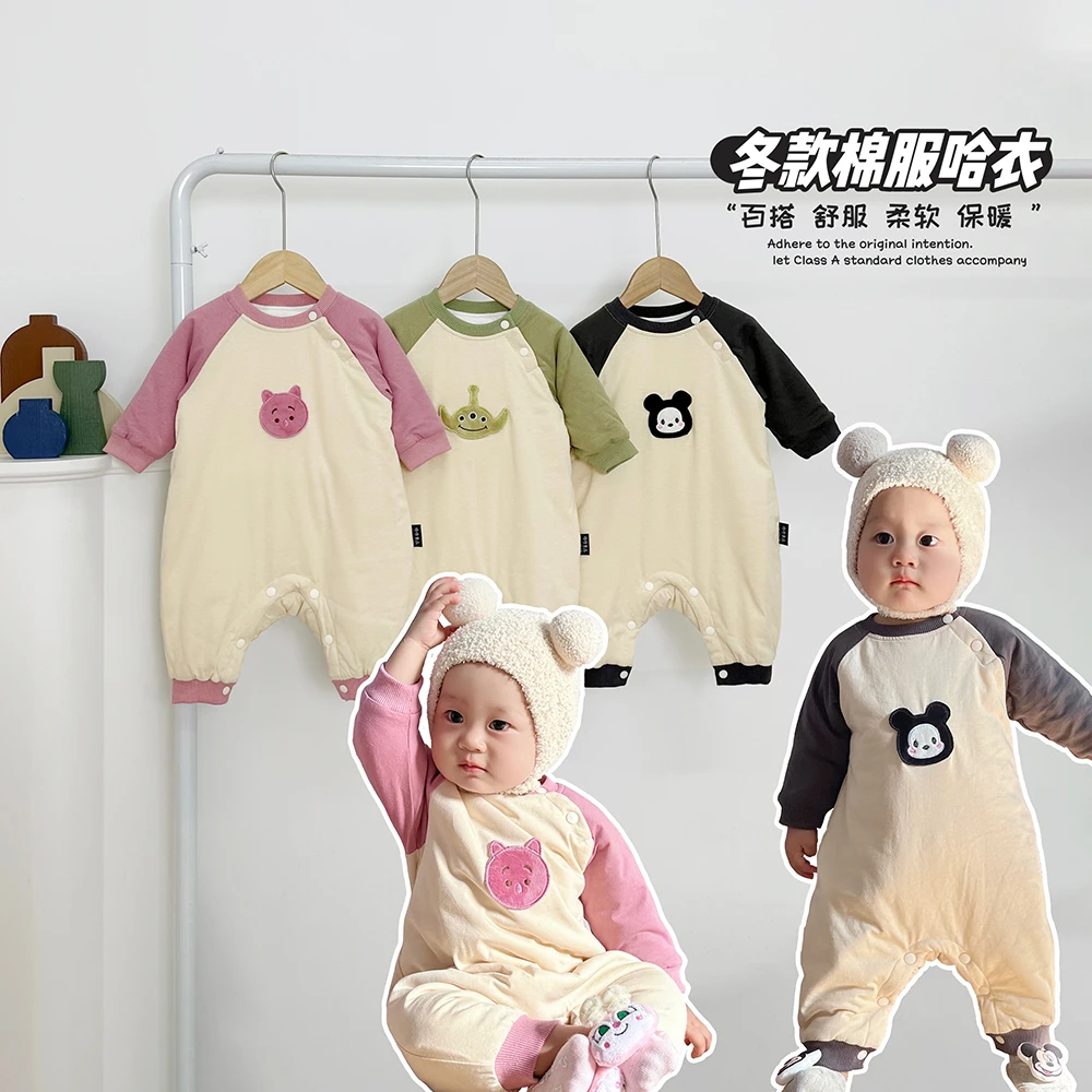 婴儿连体衣棉服冬季纯棉宝宝爬服卡通韩国新生儿冬款加厚外出哈衣