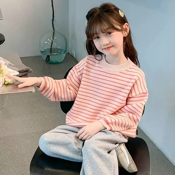 女童春款毛衣2025新款洋气儿童秋装条纹针织打底衫套头加厚上衣潮