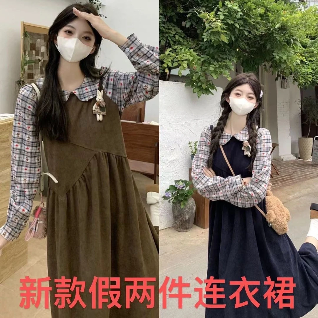 【♠优选】假两件连衣裙胖mm遮肉减龄翻领格子拼接设计学院风连衣裙