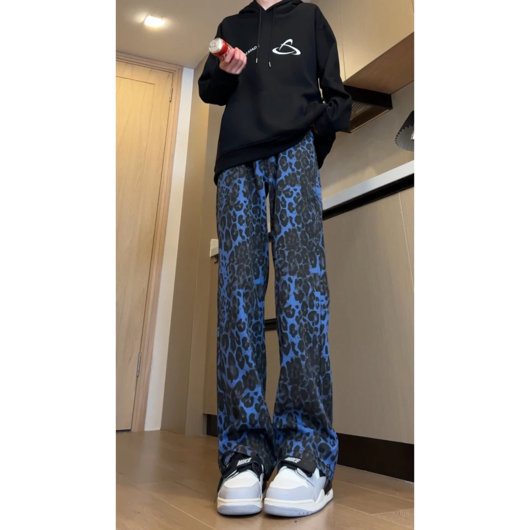 复古蓝色豹纹直筒牛仔裤男美式高街vibe裤子高个子hiphop宽松长裤