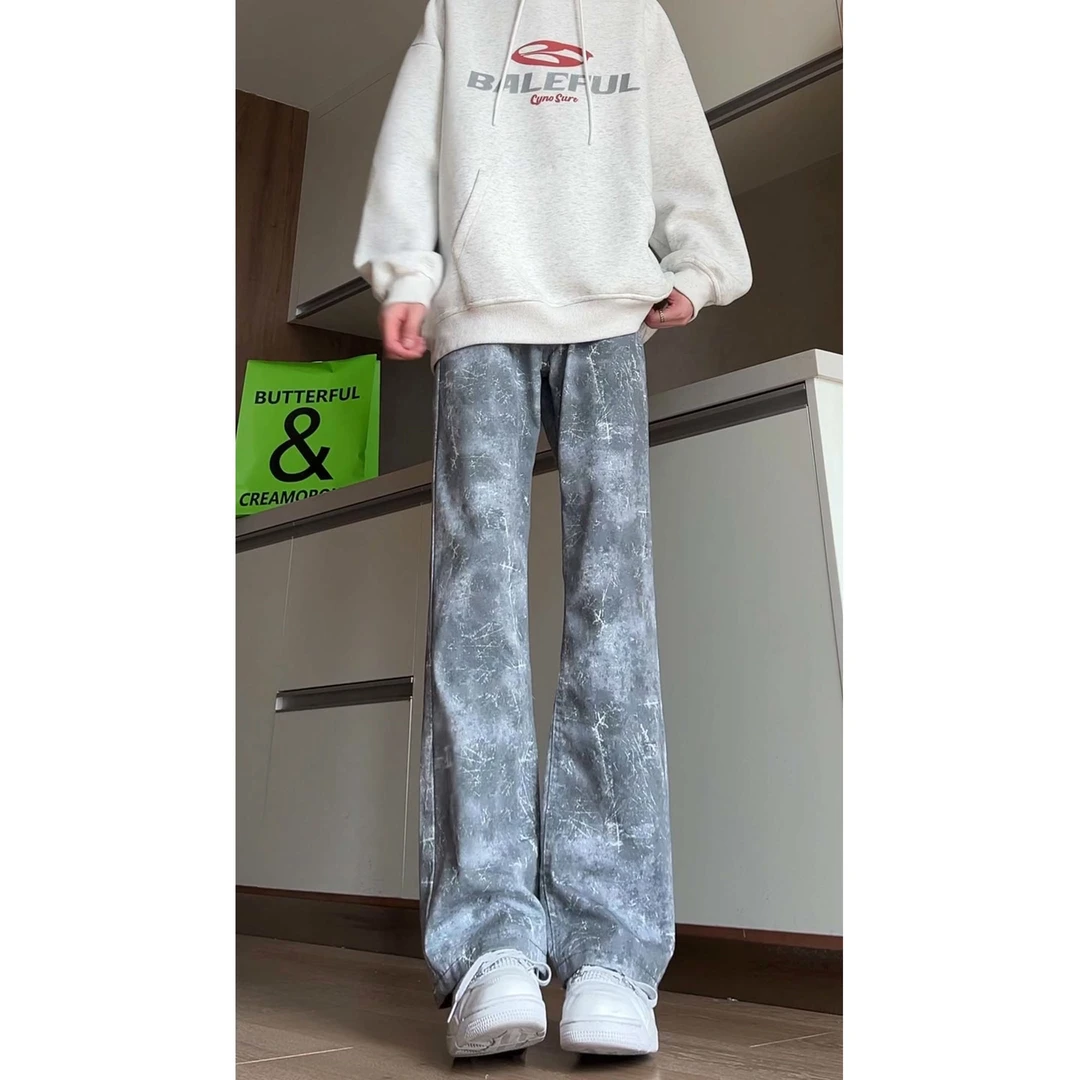 雪花纹牛仔裤男春秋季有设计感的裤子美式高街显瘦修身直筒微喇裤