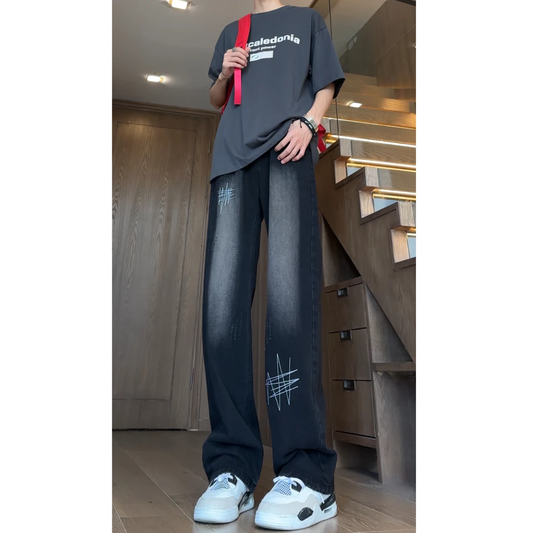 夏季爆款设计感刺绣牛仔裤男美式复古高街黑色直筒裤百搭拖地裤子