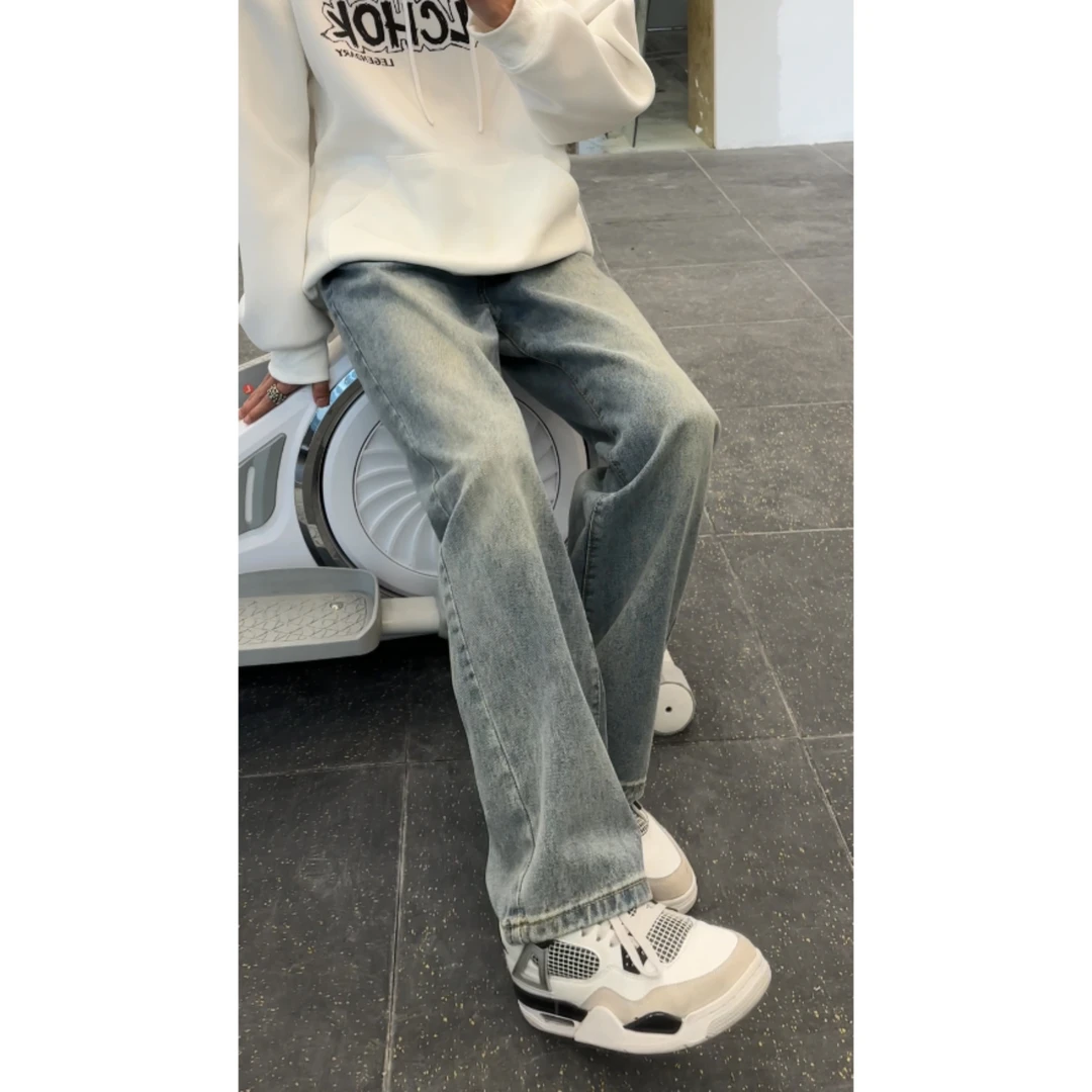 设计感直筒微喇牛仔裤男款春季修身显瘦直筒裤长裤子蓝色