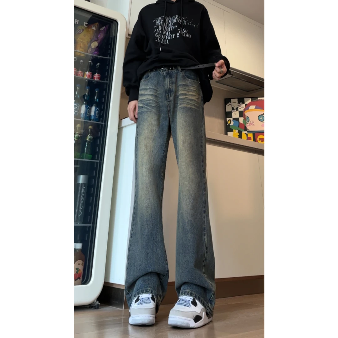 复古蓝弯刀牛仔裤男款男生休闲裤子美式水洗微喇提档修身直筒裤子