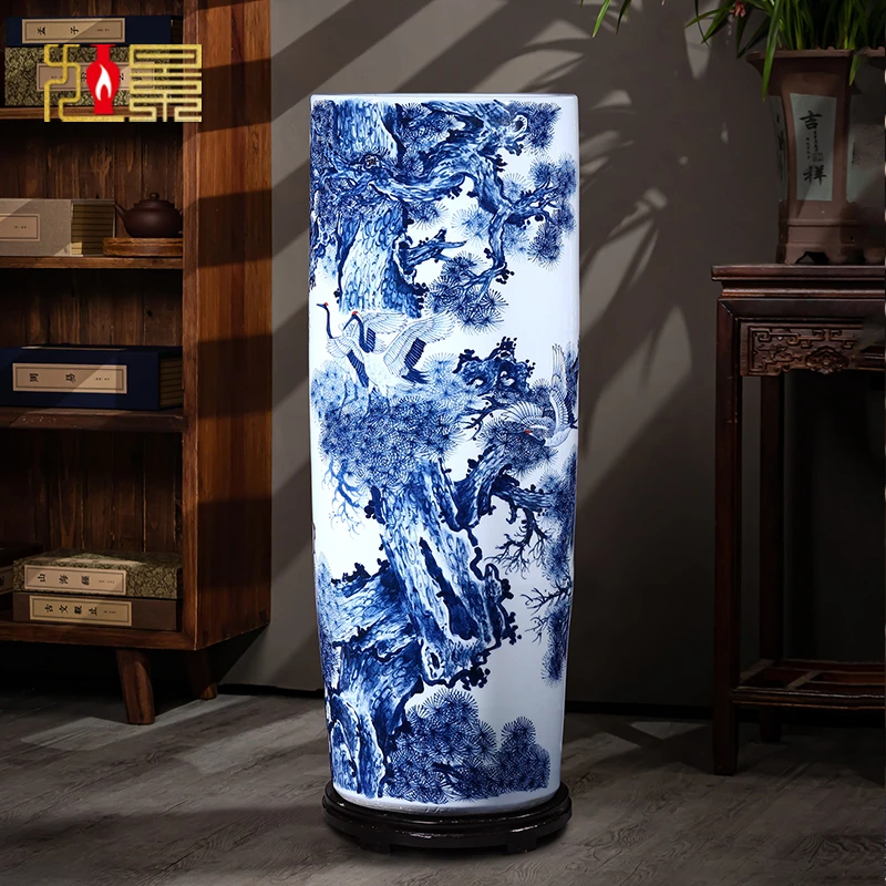 景德镇陶瓷青花瓷落地大花瓶松鹤延年箭筒客厅书画缸直筒瓷器摆件