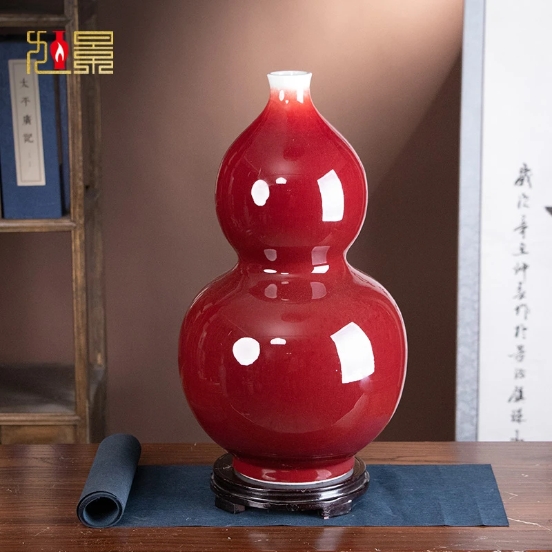 中国红色石榴瓶郎红葫芦景德镇陶瓷花瓶中式客厅电视柜装饰瓷摆件