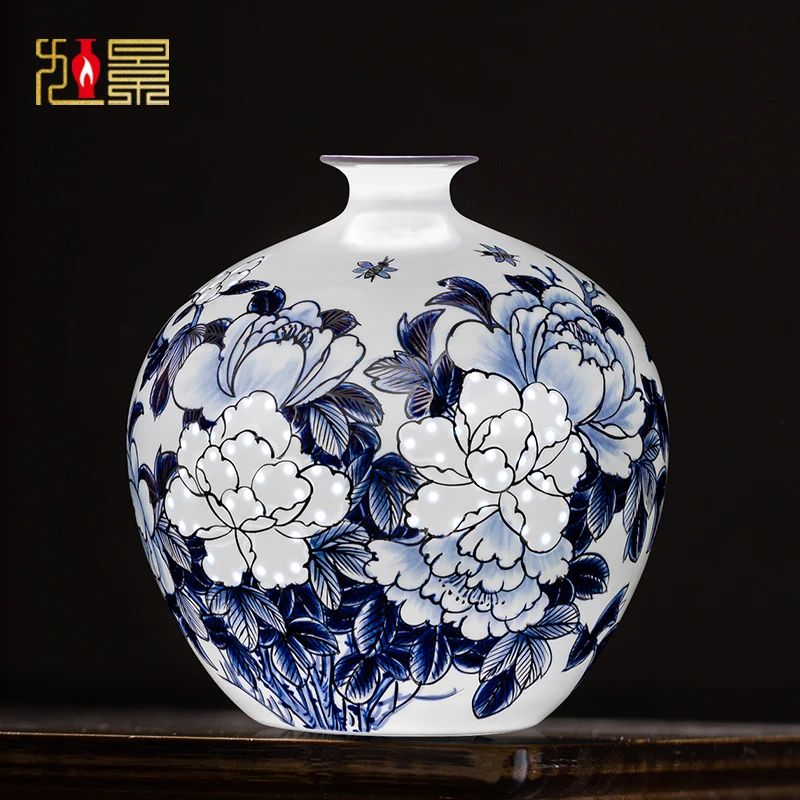 景德镇陶瓷花瓶中式青花瓷手绘描金薄胎花开富贵瓷瓶客厅瓷器摆件