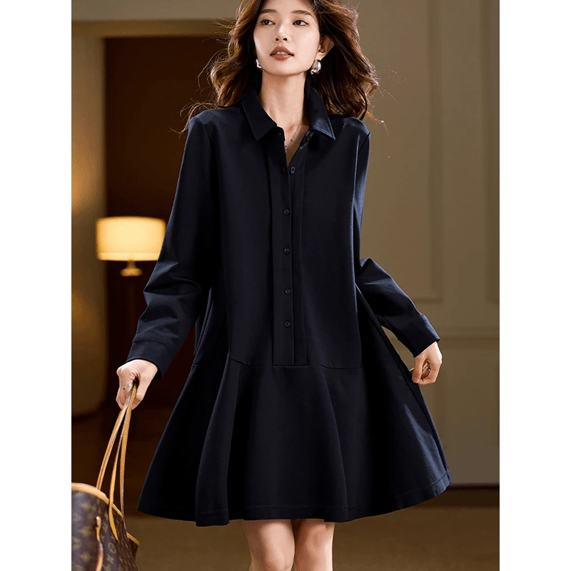 简约休闲翻领连衣裙女2025秋季新款大码高级感气质宽松显瘦中长裙