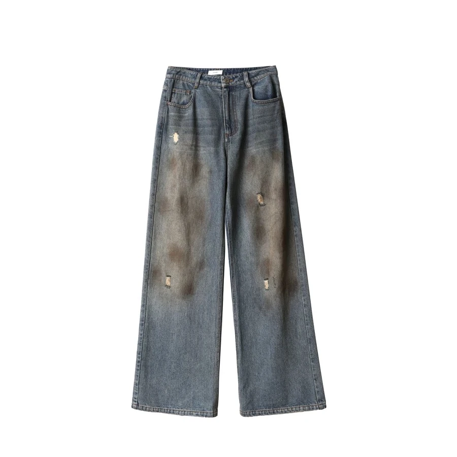 ICE DUST24秋冬系列水洗做旧脏脏破洞设计直筒阔腿拖地牛仔裤女士