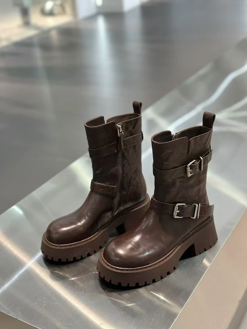 胎牛皮新款中筒短靴