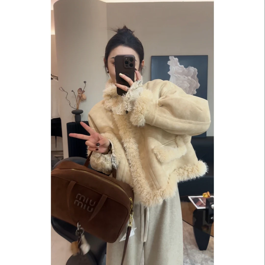 皮毛一体外套女加厚保暖宽松短款上衣2024秋冬新款时尚气质感女装